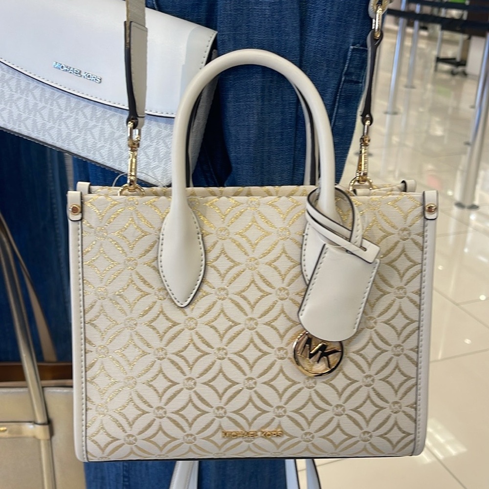 Michael Kors Mirella Small Metallic Logo Jacquard Crossbody Bag
Light Cream 
NWT - Picture 6 of 16